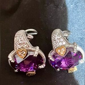 New Judith Ripka Purple Amethyst Diamond Silver Gold Earrings 18K 925